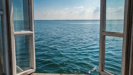 Fototapeta premium Serene waterfront view from an open window showcasing tranquil water and a clear sky, perfect for relaxation and escape.