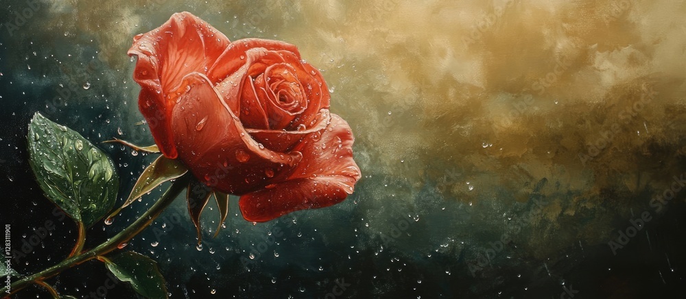 Poster vibrant red rose on green stem positioned left against a hazy golden background with raindrops creat