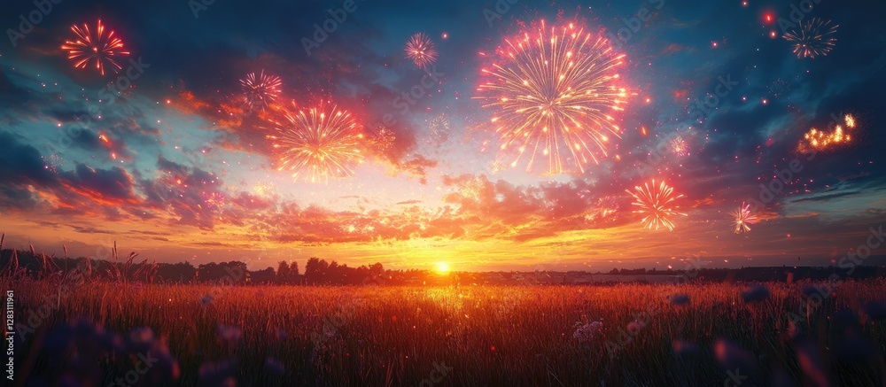 Poster vibrant sunset with orange and purple hues over a field illuminated by colorful fireworks creating a