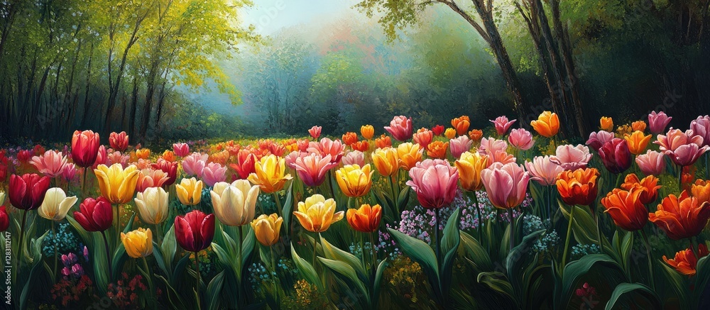Poster vibrant field of multicolored tulips in full bloom with a hazy green forest backdrop under soft morn