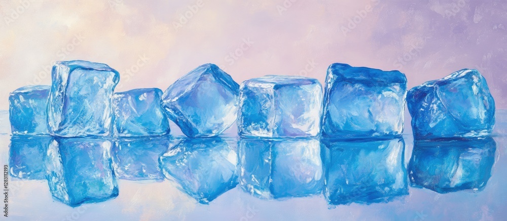 Leinwandbilder Blue ice cubes arranged in a line on a reflective surface with a soft gradient purple background creating a serene and refreshing ambiance