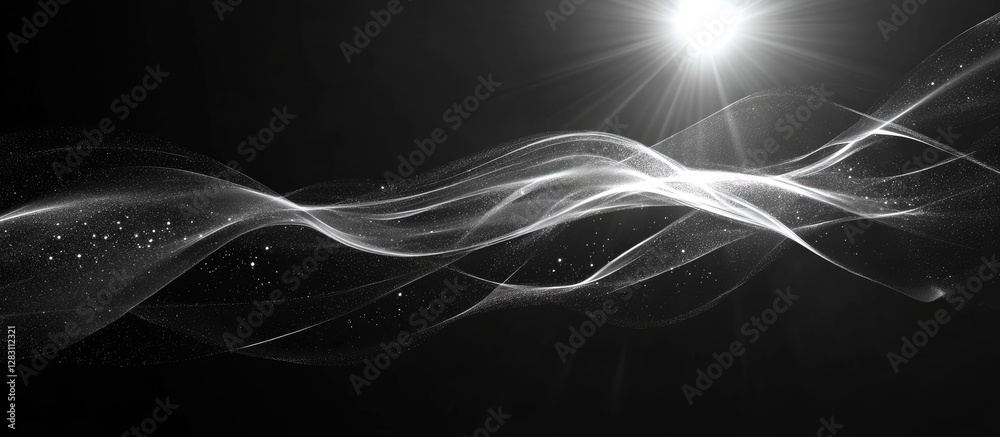 Aufkleber Abstract black background featuring graceful white wavy lines and a bright sun flare at the top right, creating a serene artistic effect.