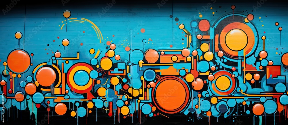 Aufkleber colorful abstract mural featuring vibrant orange, blue, and turquoise circular shapes with dynamic p