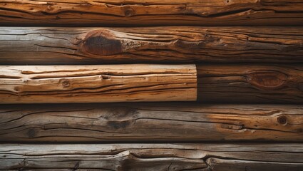 textured wooden wall with horizontal logs in varying shades of brown and gray showcasing natural grain patterns and rustic appearance