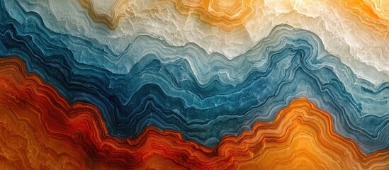 Obraz premium Gradient of multicolored marble ripples in warm orange blue and cream layered waves creating a vibrant abstract background design
