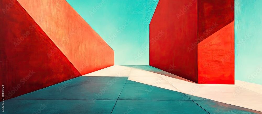 Fototapete vibrant abstract landscape featuring red angular structures against a soft turquoise sky with blende