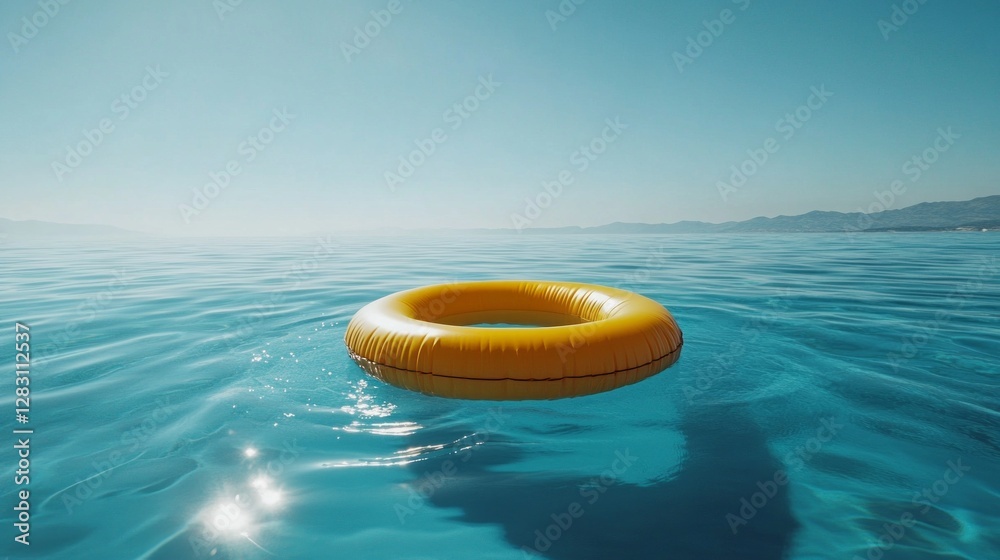 Poster a bright yellow inflatable ring gently floats in serene waters, reflecting sunlight as gentle waves 
