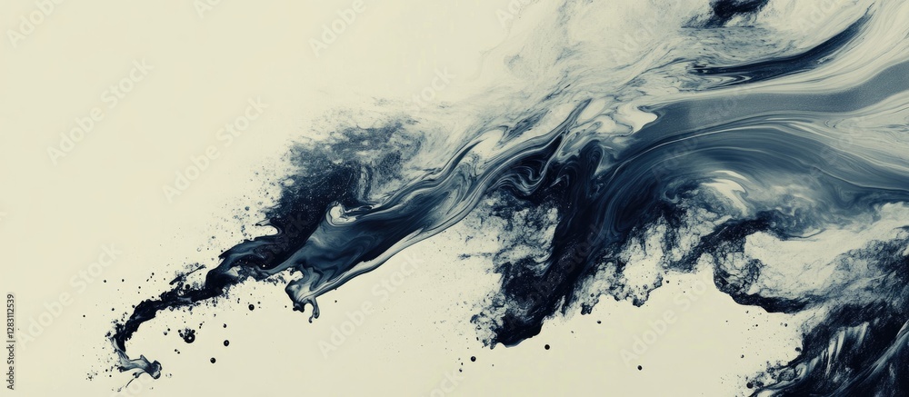 Poster fluid abstract art featuring dark blue and black swirls against a soft beige background, creating a 