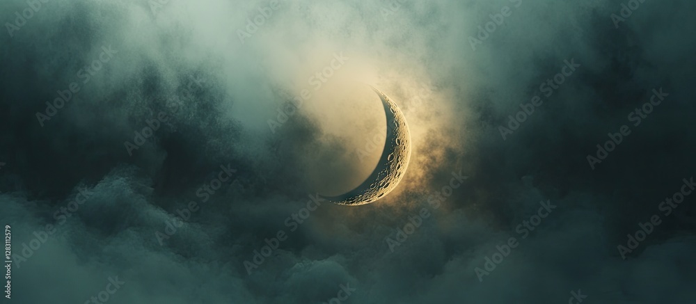 Poster moon partially obscured by dark, thick clouds emitting a soft golden glow, creating a serene and mys