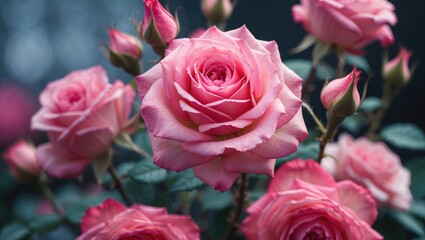 Pink roses in full bloom surrounded by buds against a blurred dark background in a natural setting