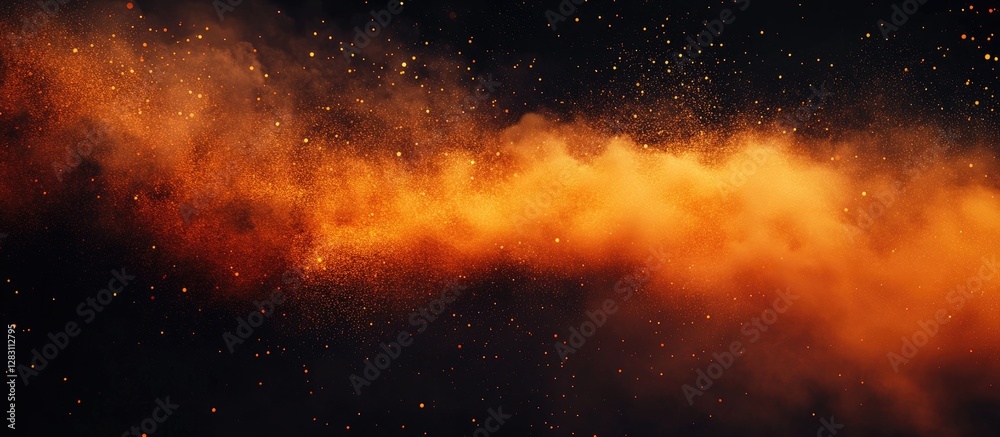 Poster Abstract orange dust particles against a black background creating a smoky effect, conveying themes of pollution and environmental impact.