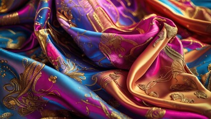 Colorful satin fabric with intricate gold embroidery in vibrant purple and orange hues draped elegantly on a surface.
