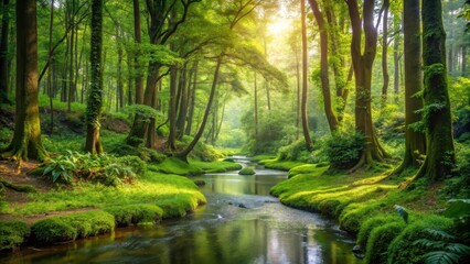 Fototapeta premium Sustainable forest with diverse tree species and a meandering stream flowing through it , environment, sustainable