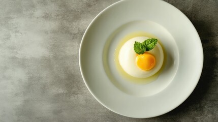 Aesthetic panna cotta with mango puree and fresh mint, beautifully plated in a top-down composition on a minimalist surface.