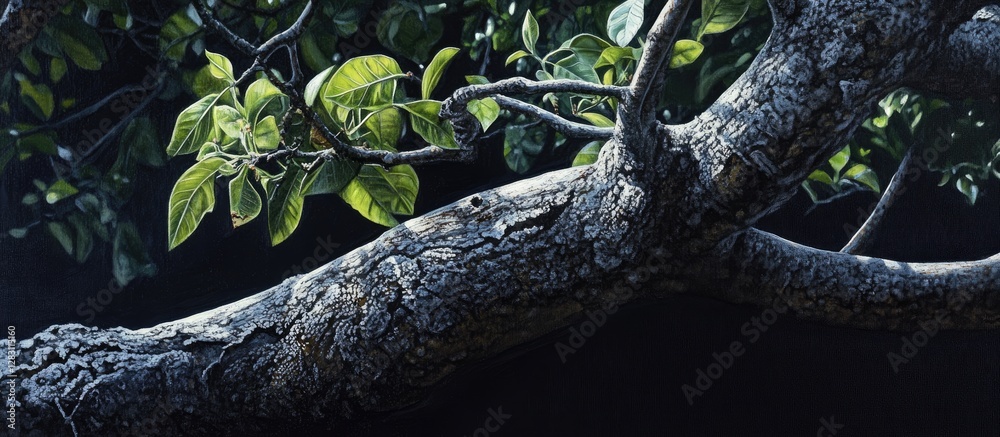 Poster Close up of a lime tree branch with vibrant green leaves against a dark background highlighting intricate bark textures and detailed foliage.