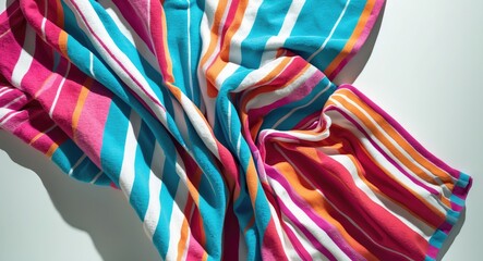 Colorful striped beach towel on a light background displaying vibrant pink, blue, and orange hues with varying widths of stripes.