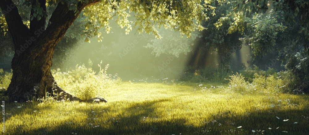 Poster vivid green grassy area illuminated by bright sunlight with clear rays shining through trees creatin