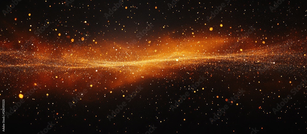 Poster abstract cosmic landscape featuring luminous orange and gold swirling particles against a deep black