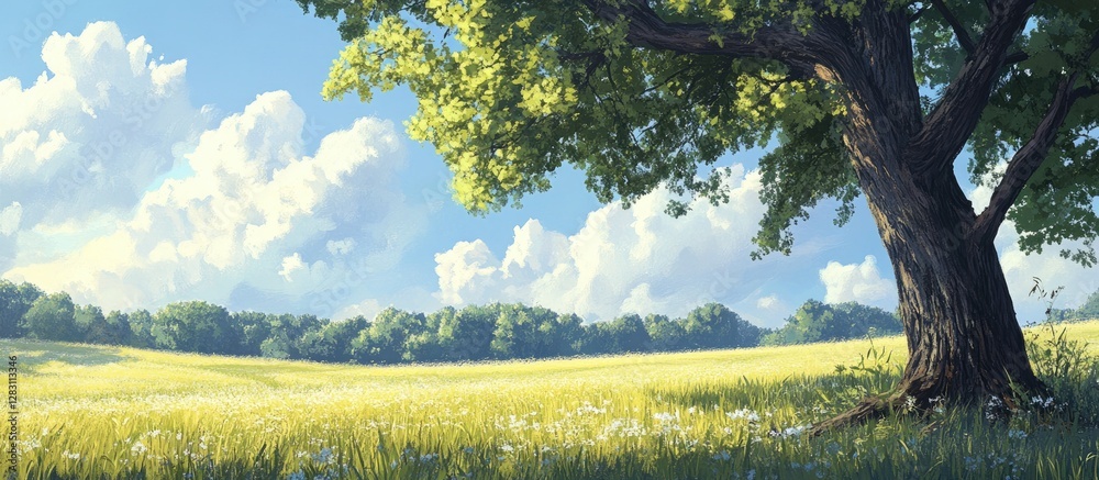 Poster lush green tree casting shadows on a golden field under a bright blue sky with fluffy white clouds i