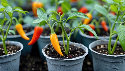 Chili pepper plants with ripe red and orange fruits growing in individual pots in a greenhouse setting
