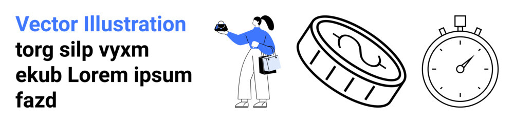 Woman holding a cupcake and shopping bag alongside a large coin and stopwatch icon. Ideal for finance, time management, retail, shopping, savings, e-commerce, and marketing. Perfect for flat landing