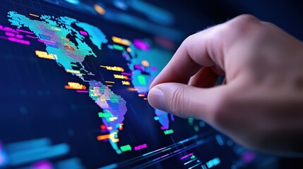 Obraz premium A hand interacts with a colorful digital world map, showcasing data visualization and technology.