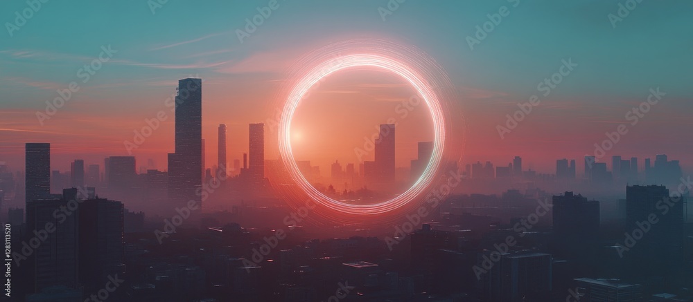 Aufkleber vibrant circular glow framing a hazy urban skyline at sunset with shades of orange and blue creating