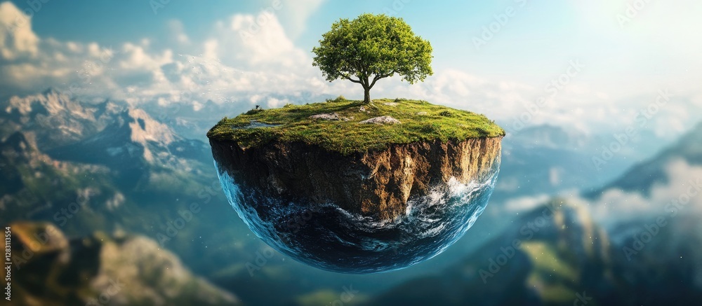 Poster serene floating island with lush green tree on rocky terrain, surrounded by distant mountains and a 
