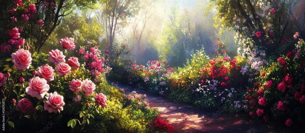 Poster vibrant garden scene with blooming pink and red roses surrounded by lush greenery and dappled sunlig