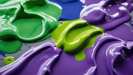 Colorful abstract paint textures in green, purple, and blue on a flat surface creating a vibrant and dynamic art composition