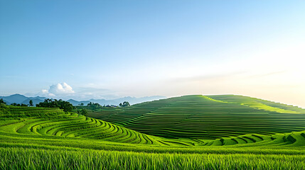 Fototapeta premium Green Terraced Fields Under Blue Sky Illuminated By Sunlight During Daytime