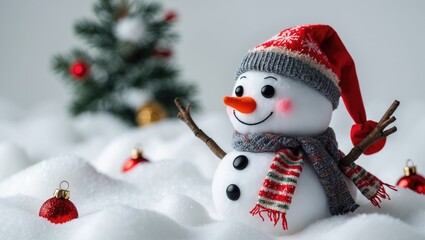 Snowman figurine with a red hat and scarf surrounded by festive decorations and a small Christmas tree in a snowy setting