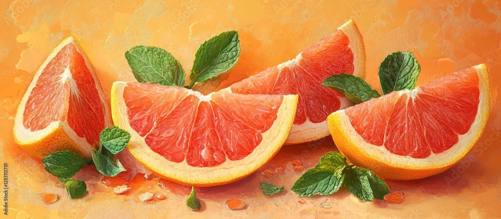 Poster Fresh grapefruit slices arranged artistically on a textured orange background with vibrant green mint leaves enhancing the vibrant colors and freshness.
