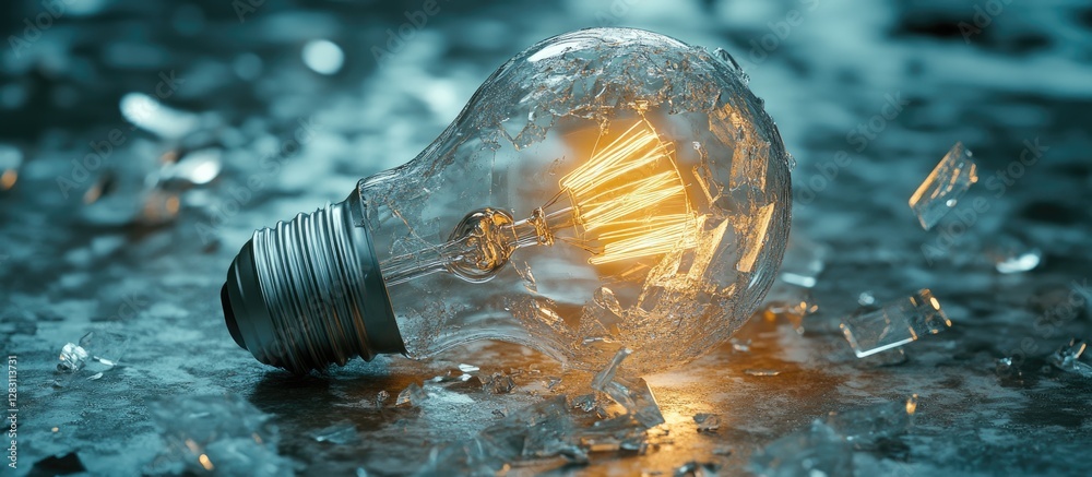 Poster shattered glass fragments surround a broken light bulb on a reflective surface the bulb emits a soft