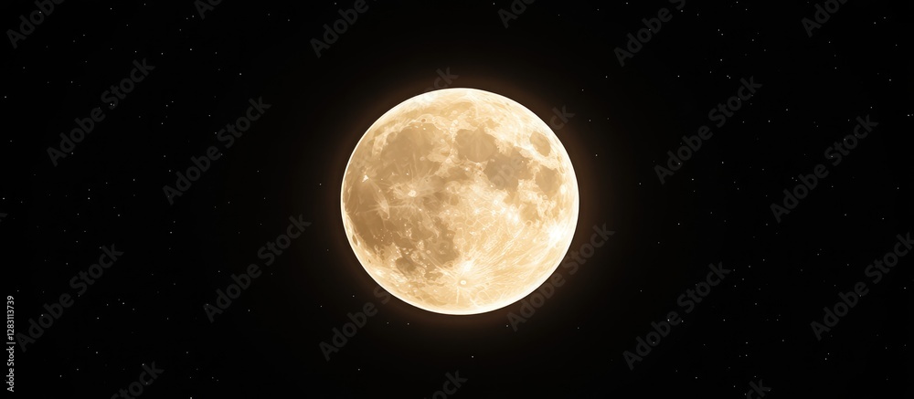 Poster full moon glowing in a dark night sky with a rich golden hue, centered against a deep black backdrop