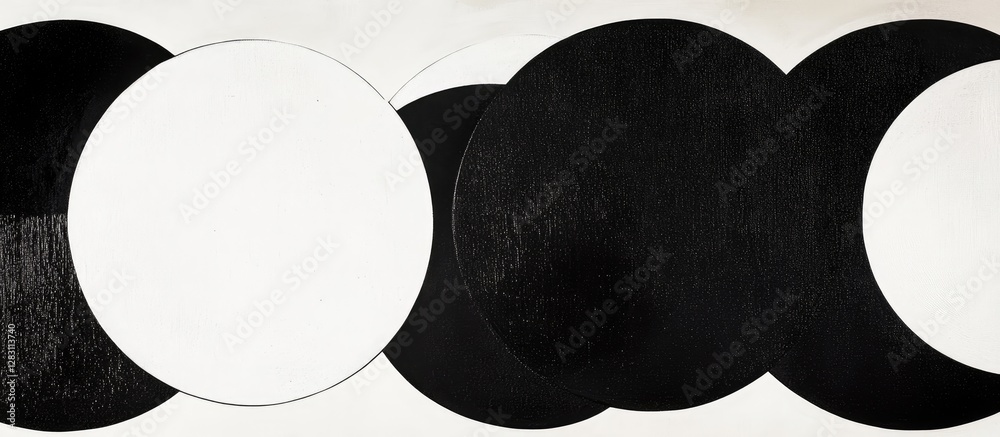 Fototapete Abstract black and white geometric art featuring an arrangement of large circles with varying textures positioned across a horizontally oriented layout.
