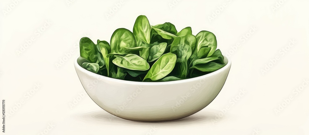 Aufkleber fresh green spinach leaves in a white bowl centered against a soft light beige background highlighti