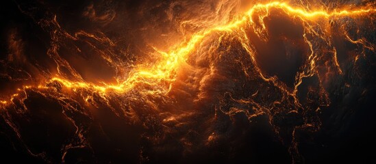 Dynamic illuminated orange streaks on a dark background creating an abstract, fiery natural flare with a dramatic contrast and texture.