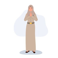 thai muslim teacher in uniform greeting with respect in traditional thai style