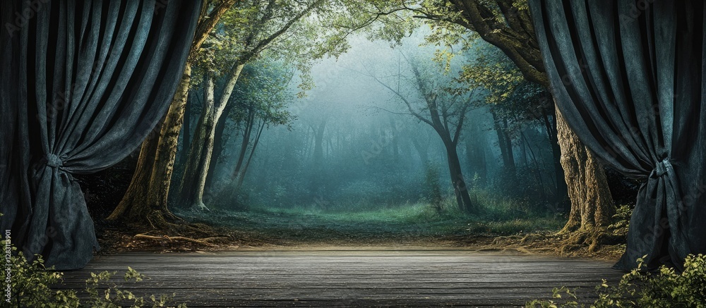 Poster Enchanting forest stage with deep greens and soft blues, featuring dark curtains on the sides and a tranquil, illuminated backdrop creating mystery.