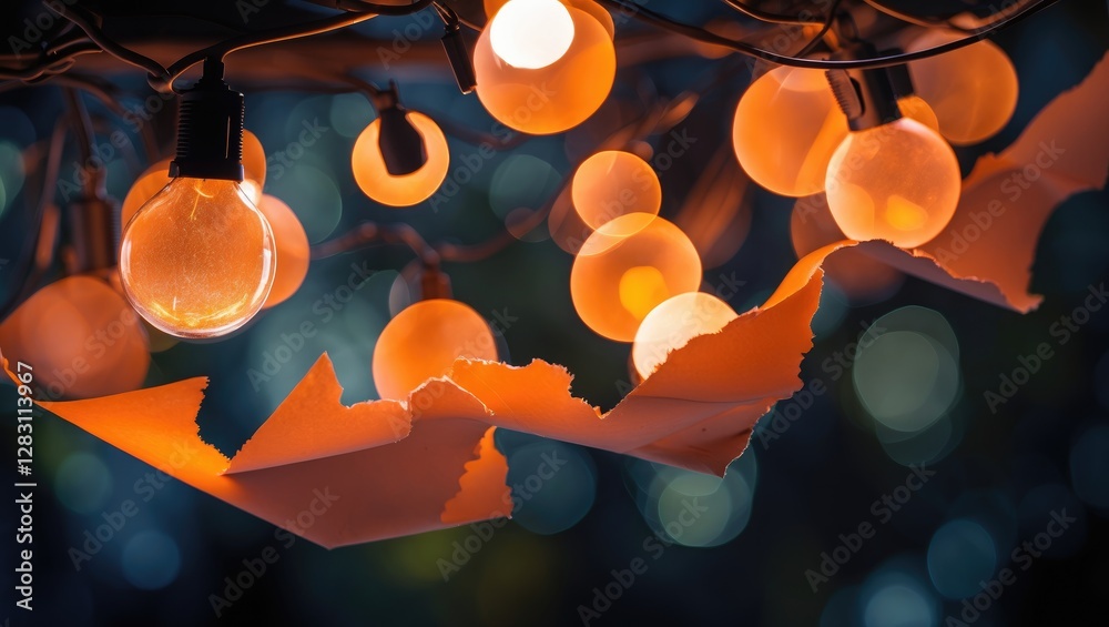 Wall mural decorative string lights with warm orange glow above torn paper sheets against a blurred bokeh backg