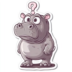 Naklejka premium A cartoon hippo looking puzzled with a question mark above its head.