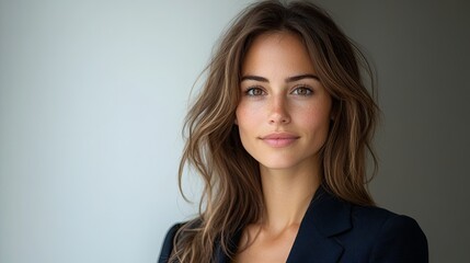 Fototapeta premium Confident businesswoman in a navy blazer, embodying professionalism and determination.