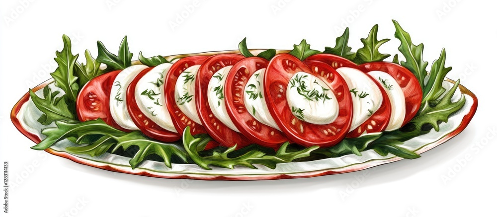 Poster handcrafted plate with vibrant sliced caprese salad featuring layers of fresh mozzarella and ripe to