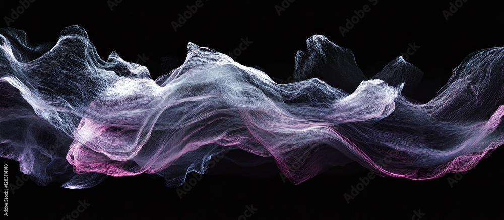 Poster Abstract representation of flowing translucent waves in shades of purple and pink set against a deep black background, creating a captivating visual effect.