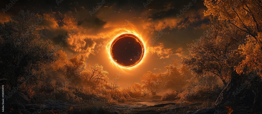 Aufkleber majestic solar eclipse with a dramatic orange and black sky, surrounded by dark trees on either side