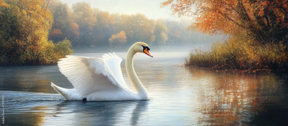 Poster graceful white swan gliding on calm lake waters surrounded by autumn foliage with soft morning light