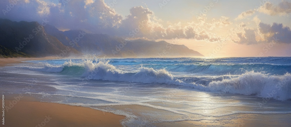 Poster serene beach at sunrise featuring gentle waves in soft blue tones with golden light illuminating mis