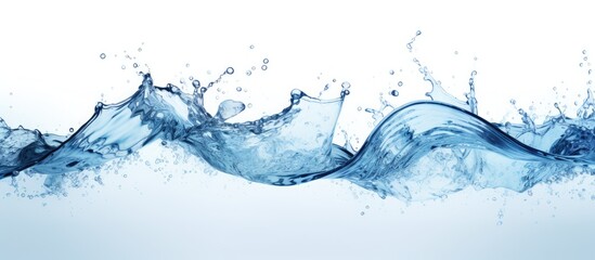 Clear blue water splashes creating dynamic waves on a pristine white background with varying heights and splash patterns emphasizing fluid motion.