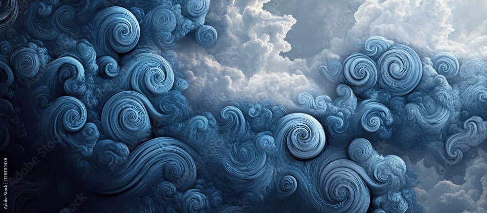 Poster Swirling dark blue clouds with intricate spiral patterns against a lighter cloudy background creating a dynamic atmospheric scene.